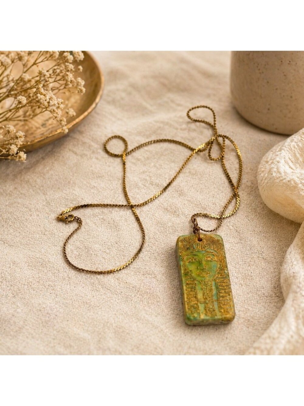 Vintage Egyptian-inspired Hieroglyphics Hand-Painted Artisan Domino Necklace 29"